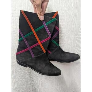 Vaneli Black Suede Colorful Stripes Accents Retro Boots Booties Italy Size 7.5
